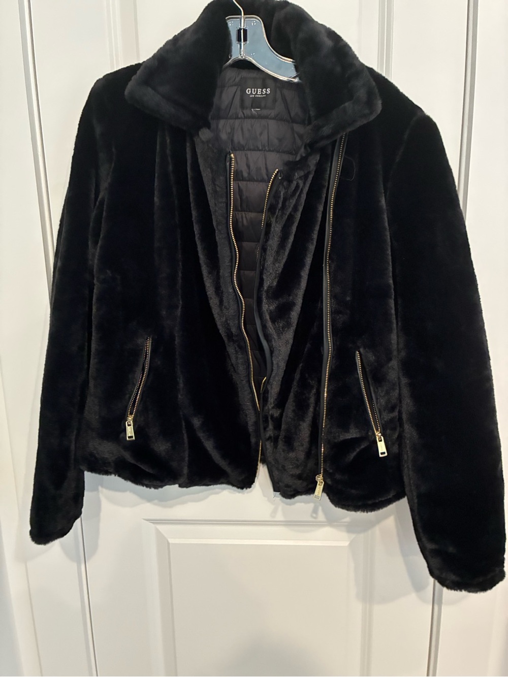 GUESS Reversible Black Winter Jacket Faux Fur & Quilted Leather Gold Zip